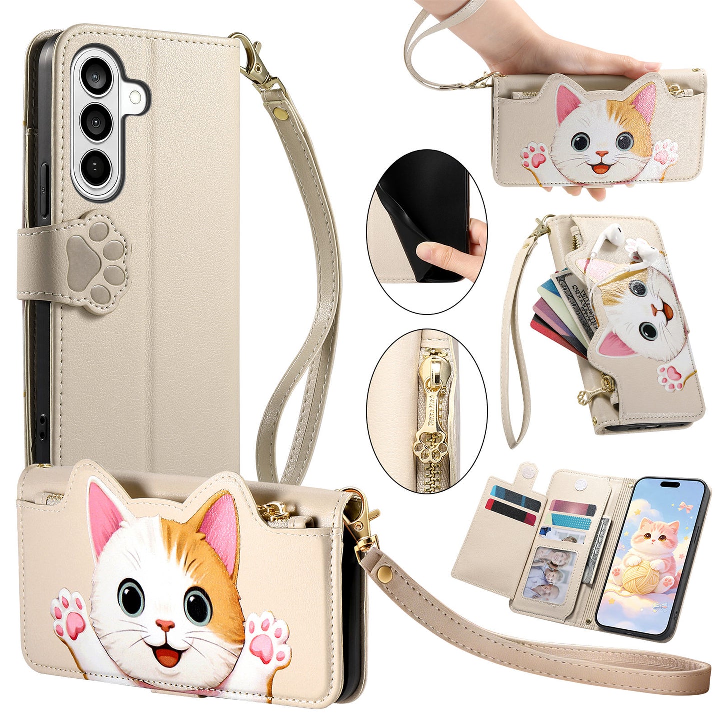 For Samsung Galaxy S26+ Case Cute Cat Pattern PU Leather Wallet Phone Cover with Wrist Strap