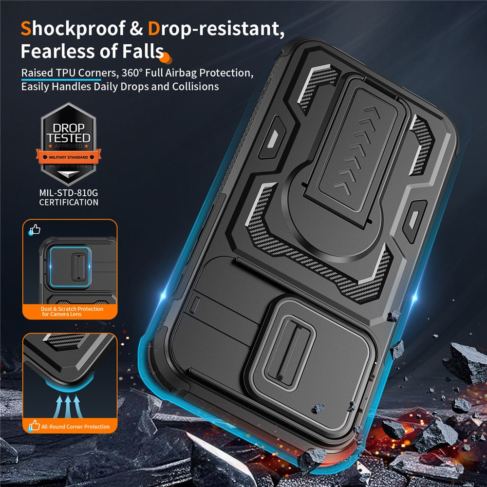 For iPhone 17e / 16e Case Slide Lens Shield PC + TPU Kickstand Phone Cover