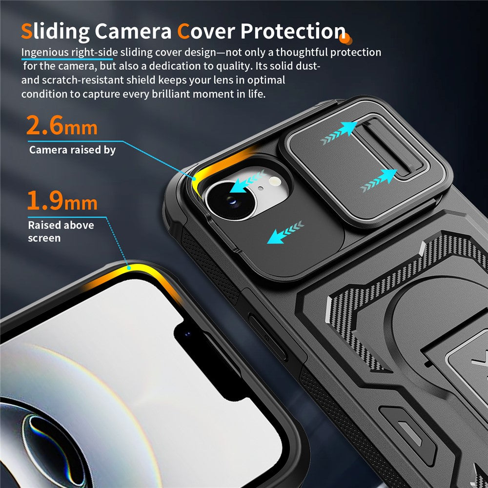 For iPhone 17e / 16e Case Slide Lens Shield PC + TPU Kickstand Phone Cover