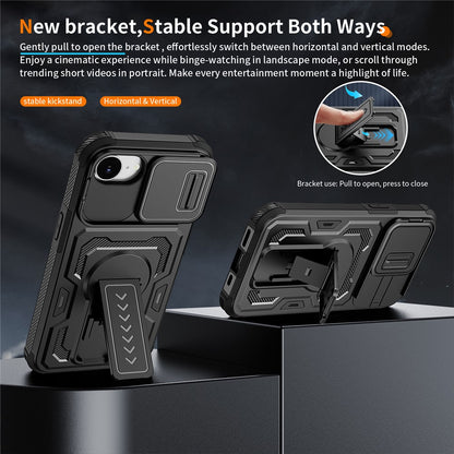 For iPhone 17e / 16e Case Slide Lens Shield PC + TPU Kickstand Phone Cover