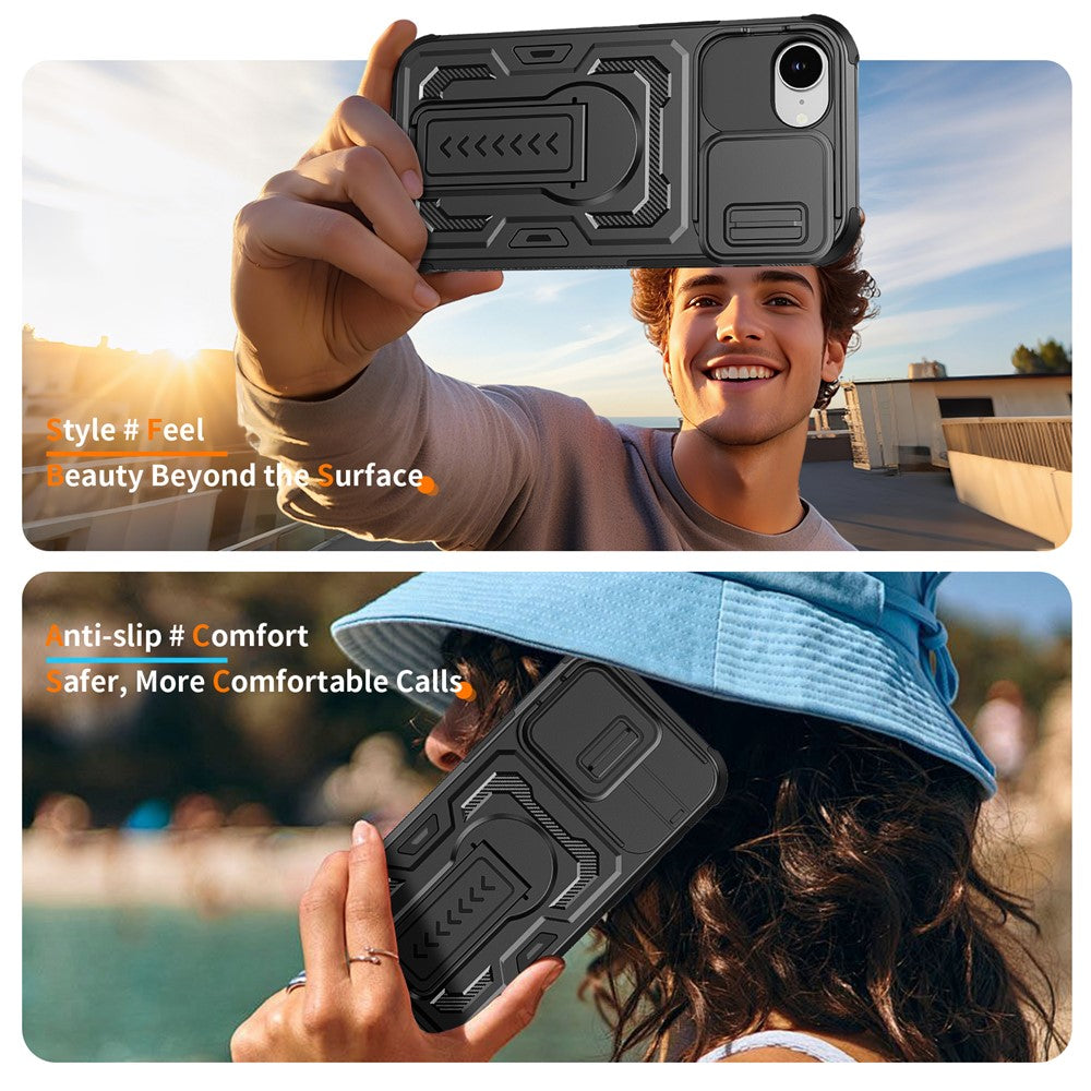 For iPhone 17e / 16e Case Slide Lens Shield PC + TPU Kickstand Phone Cover