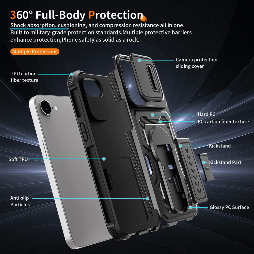 For iPhone 17e / 16e Case Slide Lens Shield PC + TPU Kickstand Phone Cover