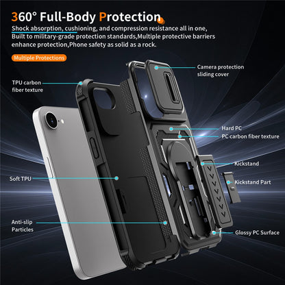 For iPhone 17e / 16e Case Slide Lens Shield PC + TPU Kickstand Phone Cover