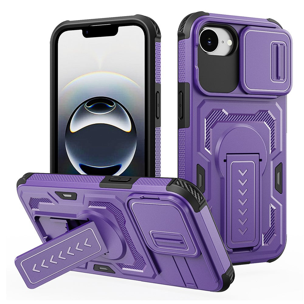 For iPhone 17e / 16e Case Slide Lens Shield PC + TPU Kickstand Phone Cover