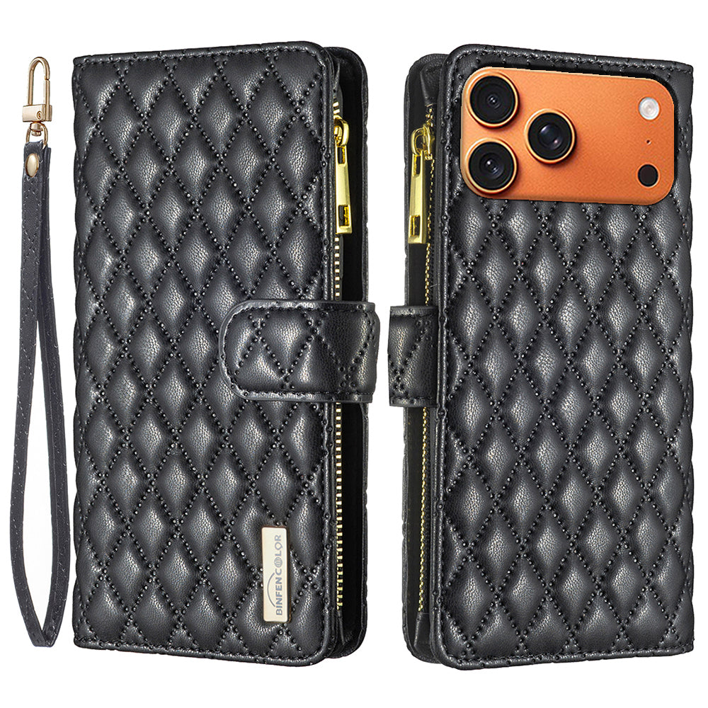 BINFEN COLOR for iPhone 17 Pro Max BF Style-15 Leather Case Zipper Pocket Rhombus Phone Cover