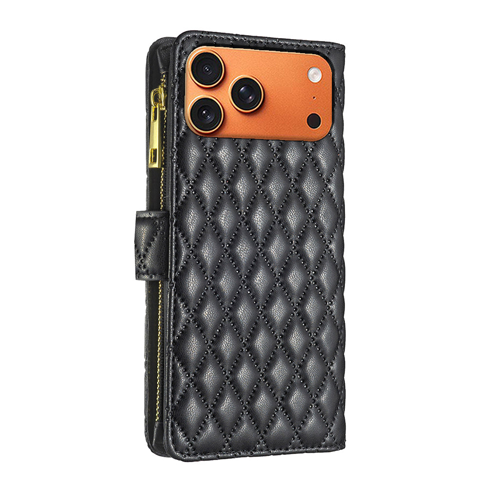 BINFEN COLOR for iPhone 17 Pro Max BF Style-15 Leather Case Zipper Pocket Rhombus Phone Cover