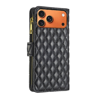 BINFEN COLOR for iPhone 17 Pro Max BF Style-15 Leather Case Zipper Pocket Rhombus Phone Cover