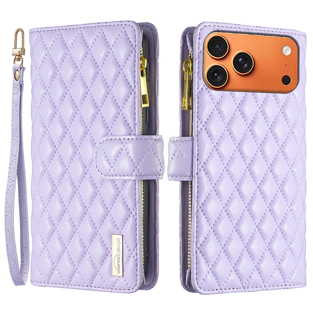 BINFEN COLOR for iPhone 17 Pro Max BF Style-15 Leather Case Zipper Pocket Rhombus Phone Cover