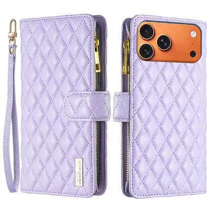 BINFEN COLOR for iPhone 17 Pro Max BF Style-15 Leather Case Zipper Pocket Rhombus Phone Cover