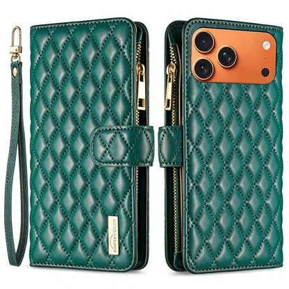 BINFEN COLOR for iPhone 17 Pro Max BF Style-15 Leather Case Zipper Pocket Rhombus Phone Cover
