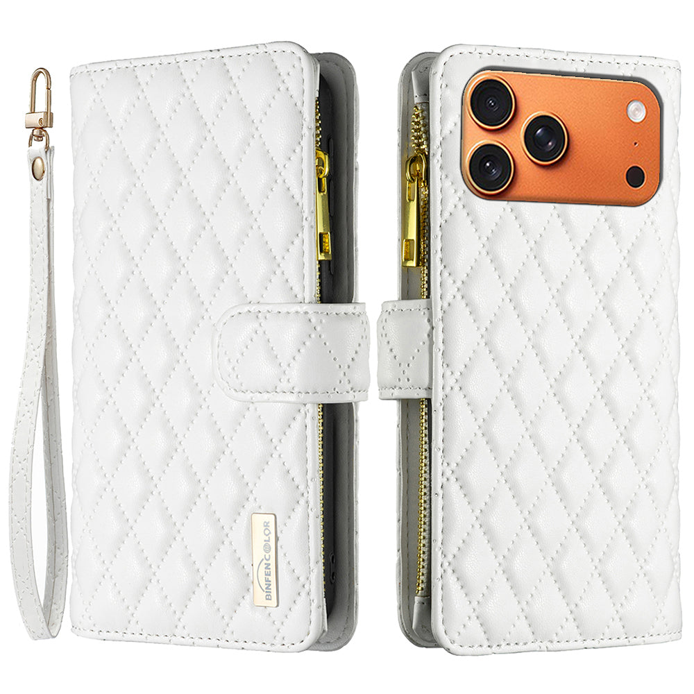 BINFEN COLOR for iPhone 17 Pro Max BF Style-15 Leather Case Zipper Pocket Rhombus Phone Cover