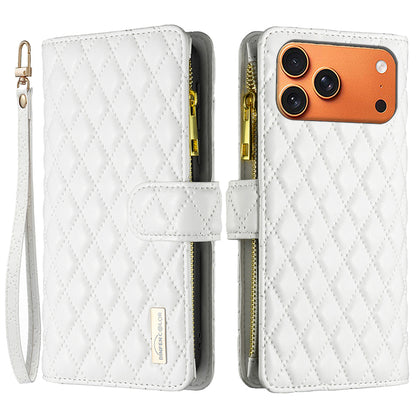 BINFEN COLOR for iPhone 17 Pro Max BF Style-15 Leather Case Zipper Pocket Rhombus Phone Cover
