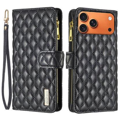 BINFEN COLOR for iPhone 18 Pro / 17 Pro BF Style-15 Leather Case Zipper Pocket Rhombus Phone Cover