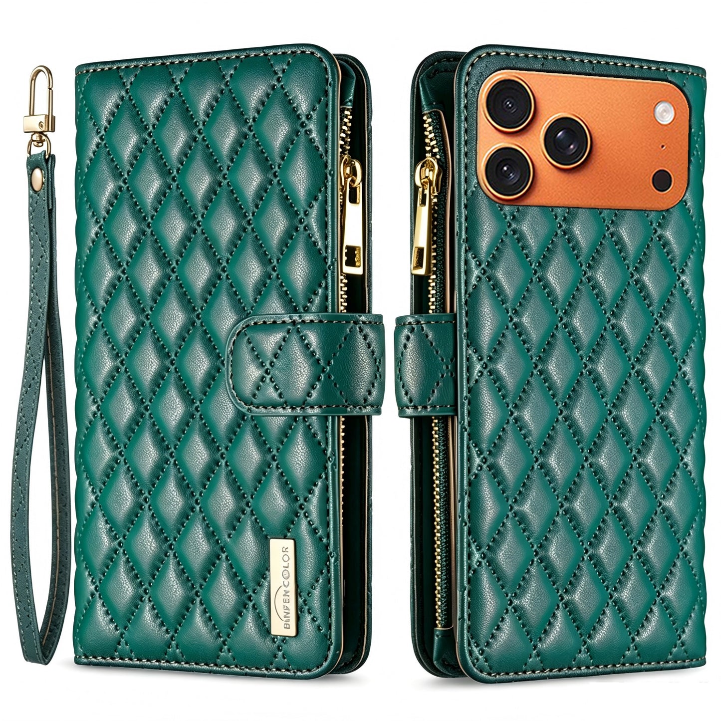 BINFEN COLOR for iPhone 18 Pro / 17 Pro BF Style-15 Leather Case Zipper Pocket Rhombus Phone Cover