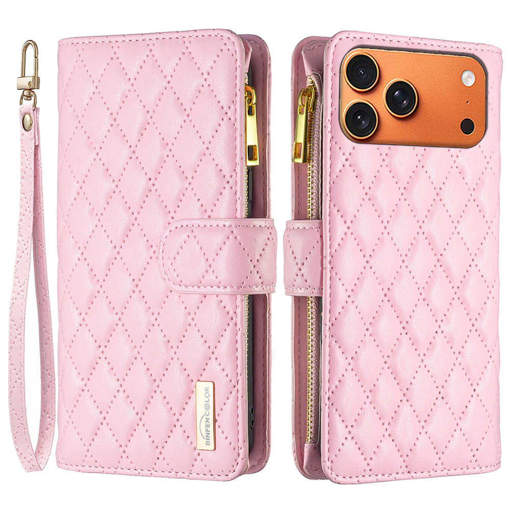 BINFEN COLOR for iPhone 18 Pro / 17 Pro BF Style-15 Leather Case Zipper Pocket Rhombus Phone Cover