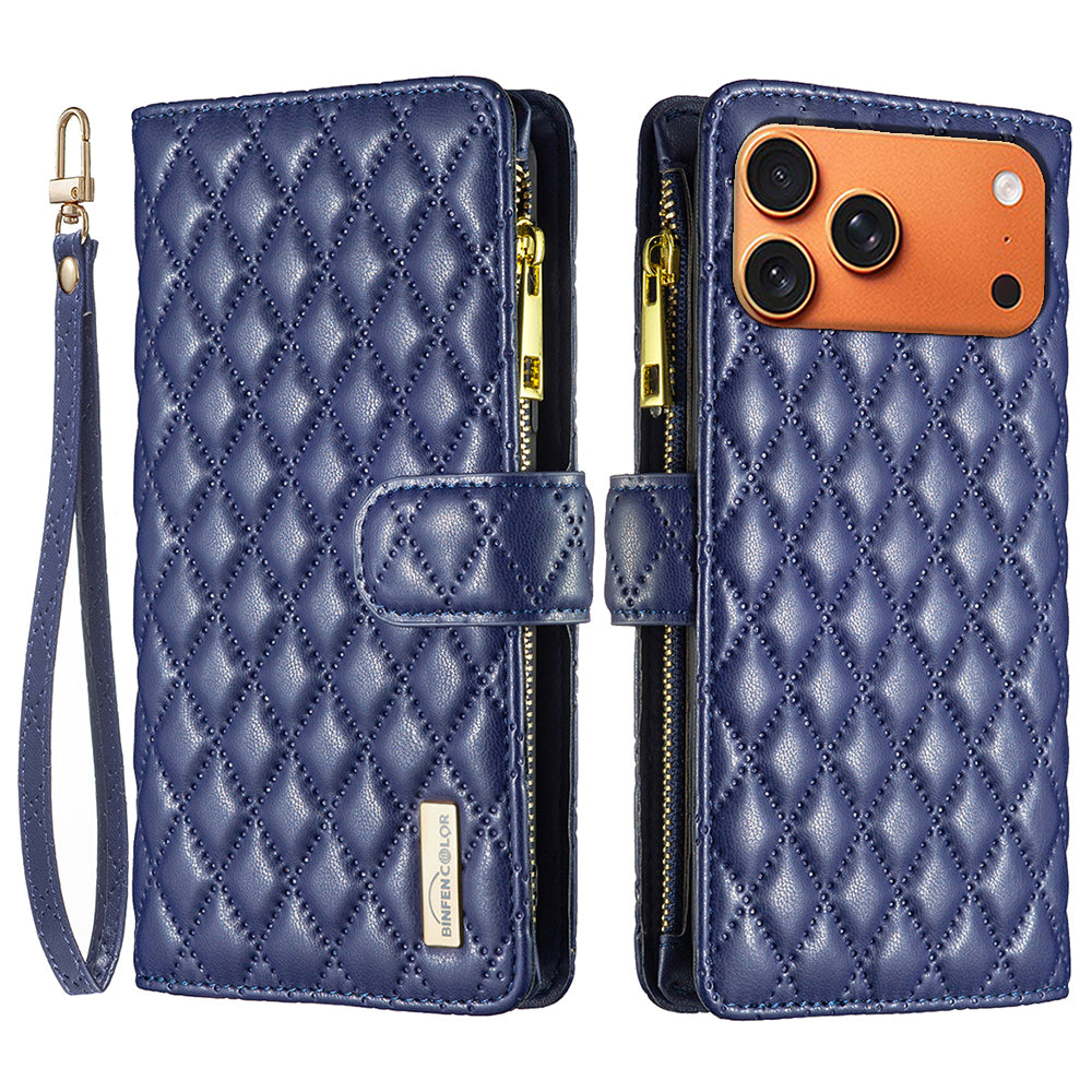 BINFEN COLOR for iPhone 18 Pro / 17 Pro BF Style-15 Leather Case Zipper Pocket Rhombus Phone Cover