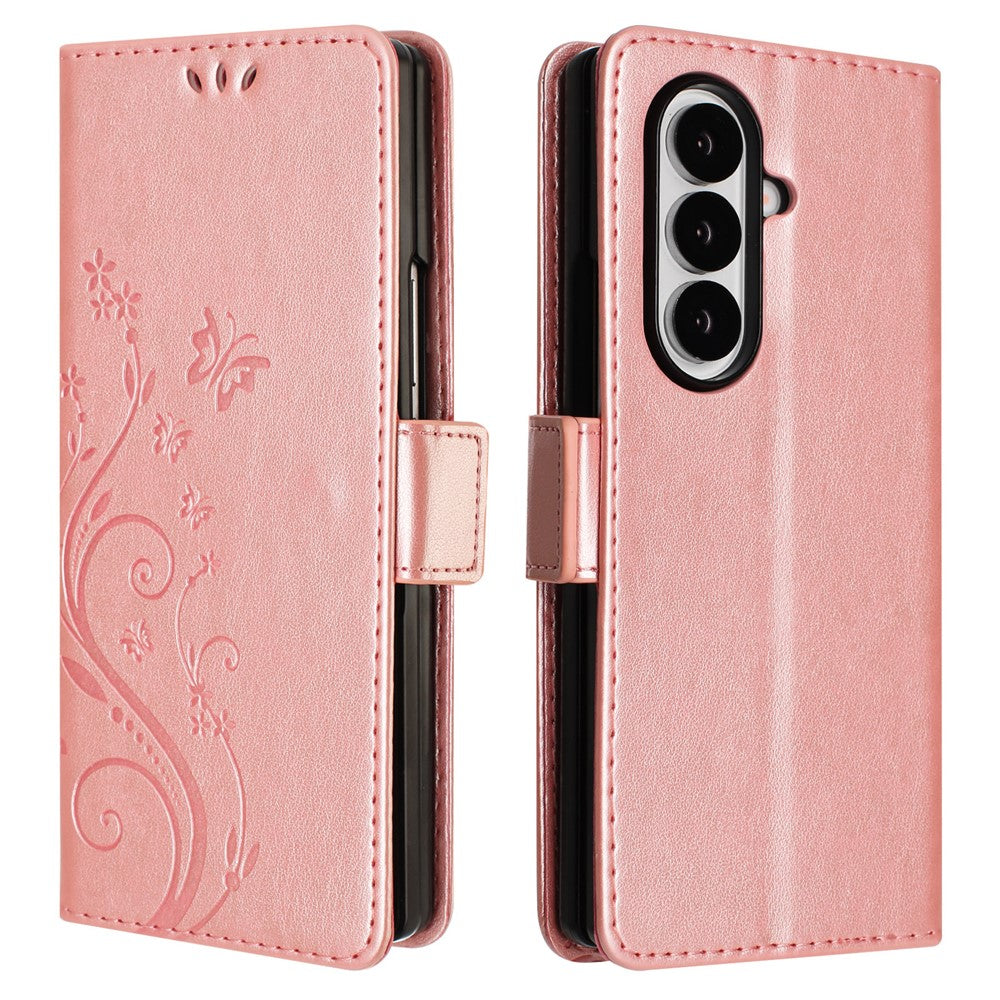 For Samsung Galaxy Z Fold8 Ultra Leather Wallet Case Butterfly Flower Imprinted Phone Cover with Strap