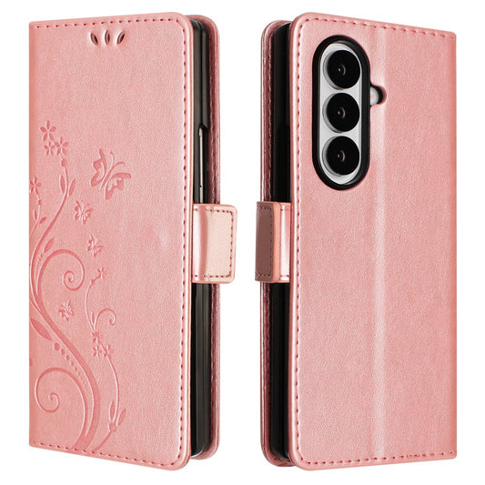 For Samsung Galaxy Z Fold8 Ultra Leather Wallet Case Butterfly Flower Imprinted Phone Cover with Strap