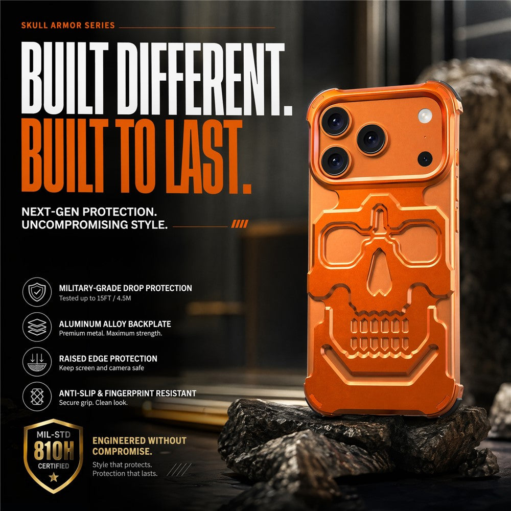 For iPhone 17 Pro Case Skull Armor Design Drop Protection Aluminum Alloy Hard Shell Cover
