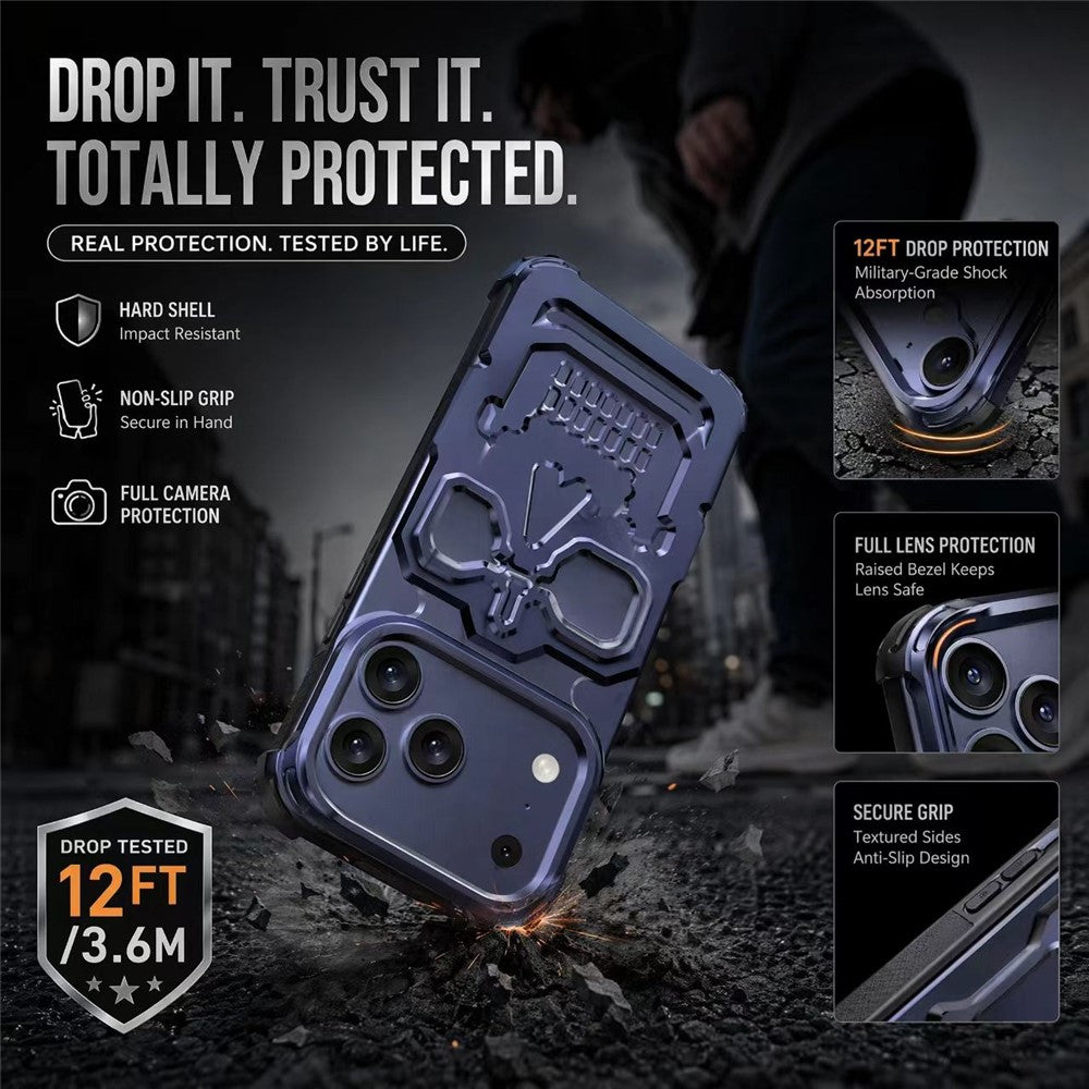 For iPhone 17 Pro Max Case Skull Armor Design Drop Protection Aluminum Alloy Hard Shell Cover