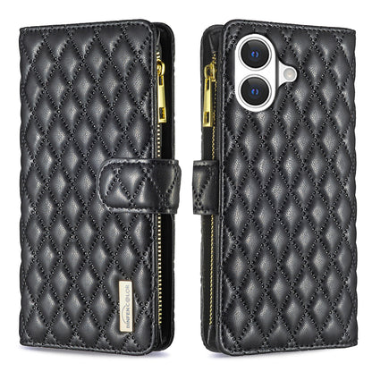 BINFEN COLOR for iPhone 17 BF Style-15 Leather Case Zipper Pocket Rhombus Phone Cover