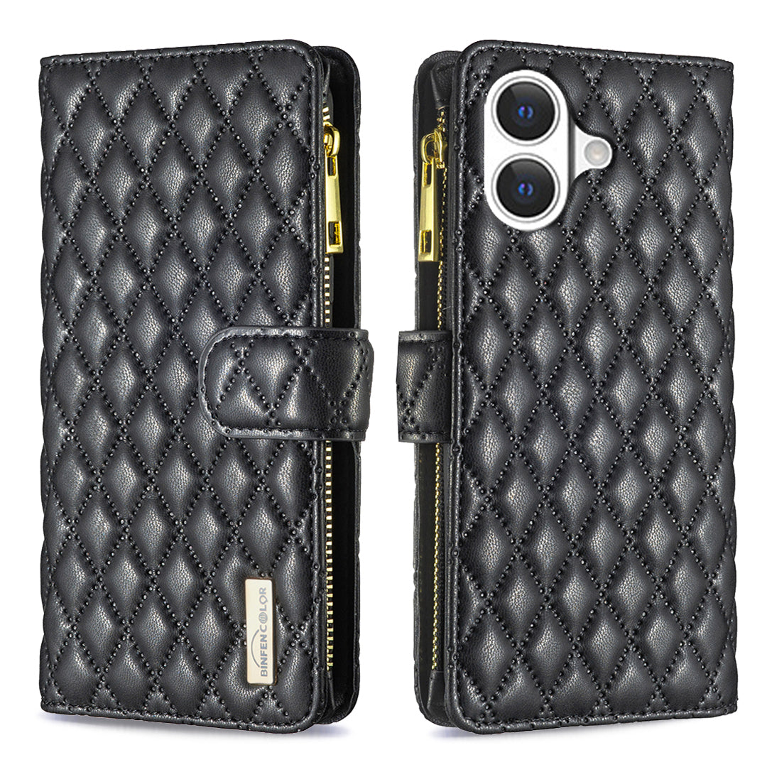 BINFEN COLOR for iPhone 17 BF Style-15 Leather Case Zipper Pocket Rhombus Phone Cover