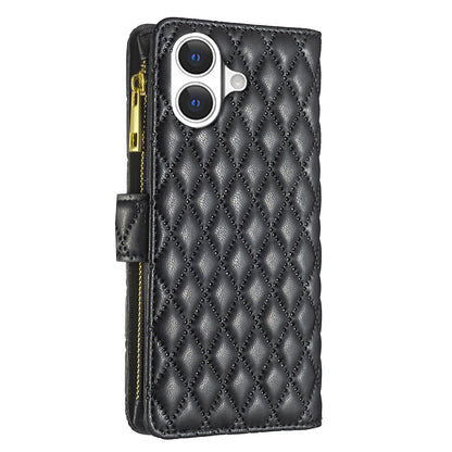 BINFEN COLOR for iPhone 17 BF Style-15 Leather Case Zipper Pocket Rhombus Phone Cover