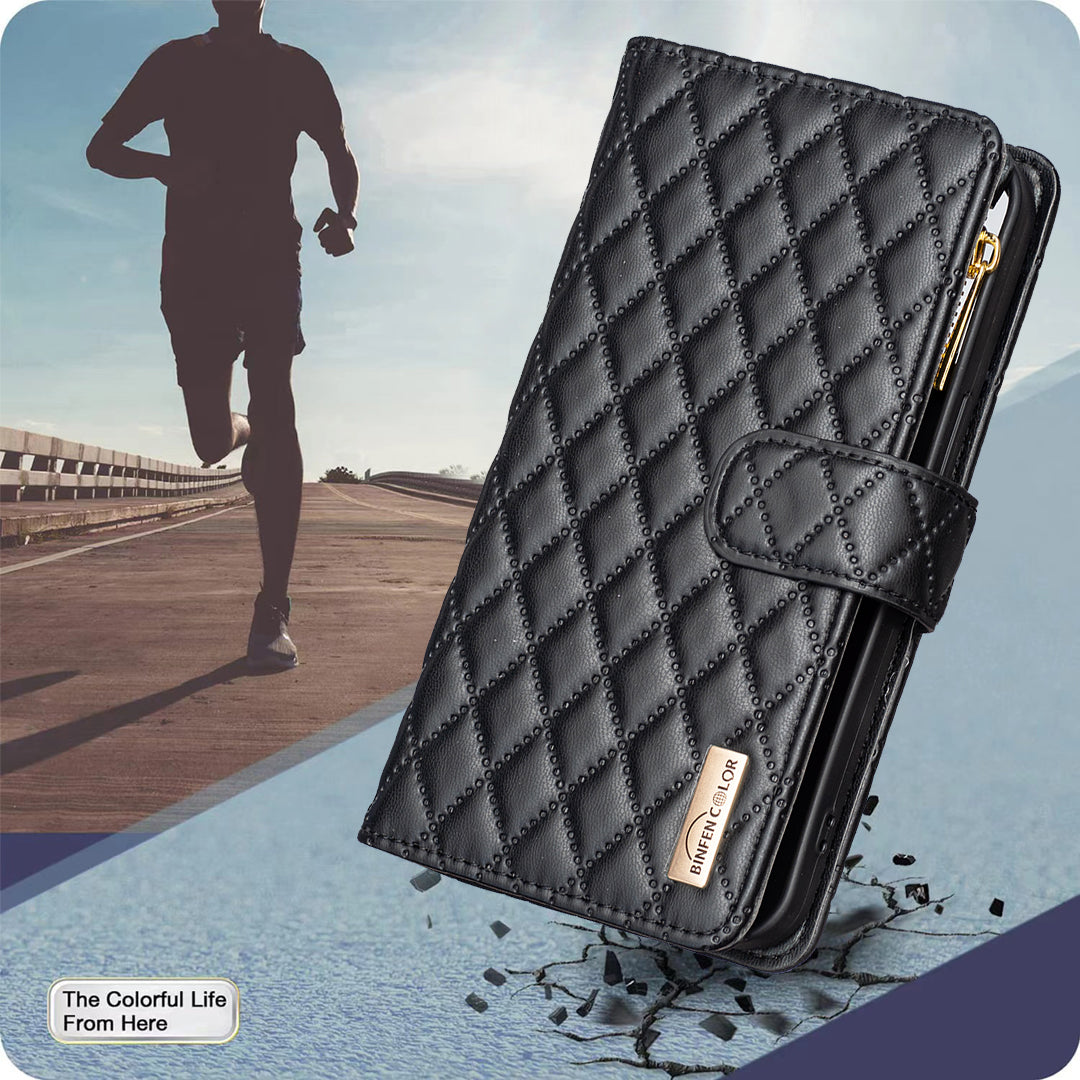 BINFEN COLOR for iPhone 17 BF Style-15 Leather Case Zipper Pocket Rhombus Phone Cover