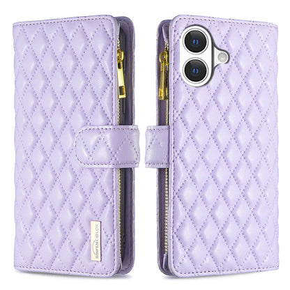 BINFEN COLOR for iPhone 17 BF Style-15 Leather Case Zipper Pocket Rhombus Phone Cover