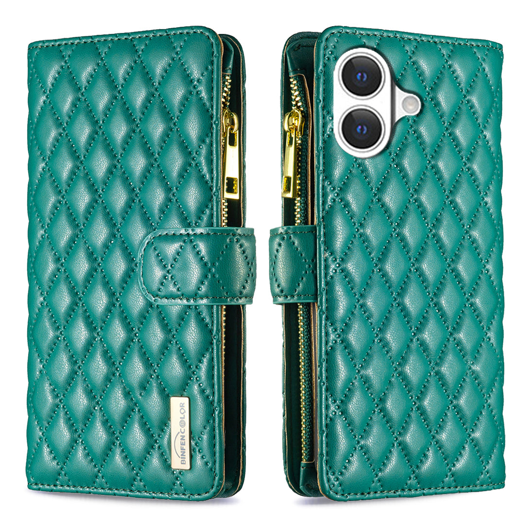 BINFEN COLOR for iPhone 17 BF Style-15 Leather Case Zipper Pocket Rhombus Phone Cover