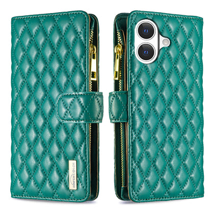 BINFEN COLOR for iPhone 17 BF Style-15 Leather Case Zipper Pocket Rhombus Phone Cover