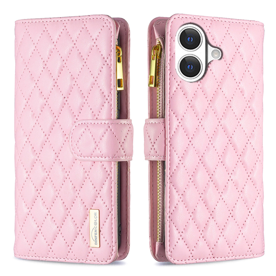 BINFEN COLOR for iPhone 17 BF Style-15 Leather Case Zipper Pocket Rhombus Phone Cover