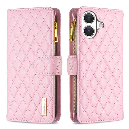 BINFEN COLOR for iPhone 17 BF Style-15 Leather Case Zipper Pocket Rhombus Phone Cover