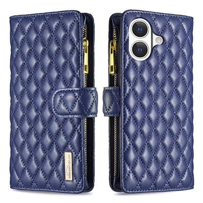 BINFEN COLOR for iPhone 17 BF Style-15 Leather Case Zipper Pocket Rhombus Phone Cover