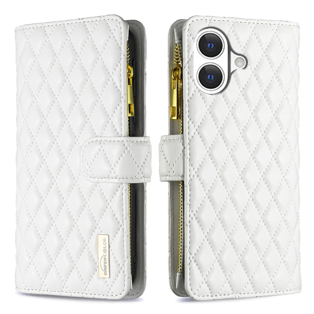 BINFEN COLOR for iPhone 17 BF Style-15 Leather Case Zipper Pocket Rhombus Phone Cover