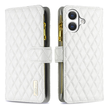 BINFEN COLOR for iPhone 17 BF Style-15 Leather Case Zipper Pocket Rhombus Phone Cover
