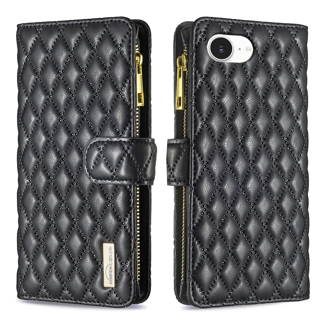 BINFEN COLOR for iPhone 16e / iPhone 17e BF Style-15 Leather Case Zipper Pocket Rhombus Phone Cover