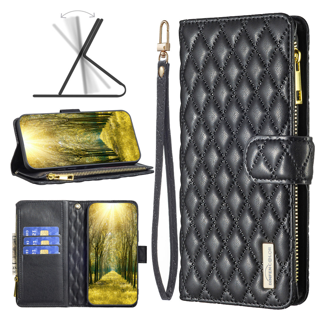 BINFEN COLOR for iPhone 16e / iPhone 17e BF Style-15 Leather Case Zipper Pocket Rhombus Phone Cover