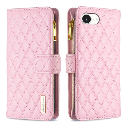 BINFEN COLOR for iPhone 16e / iPhone 17e BF Style-15 Leather Case Zipper Pocket Rhombus Phone Cover