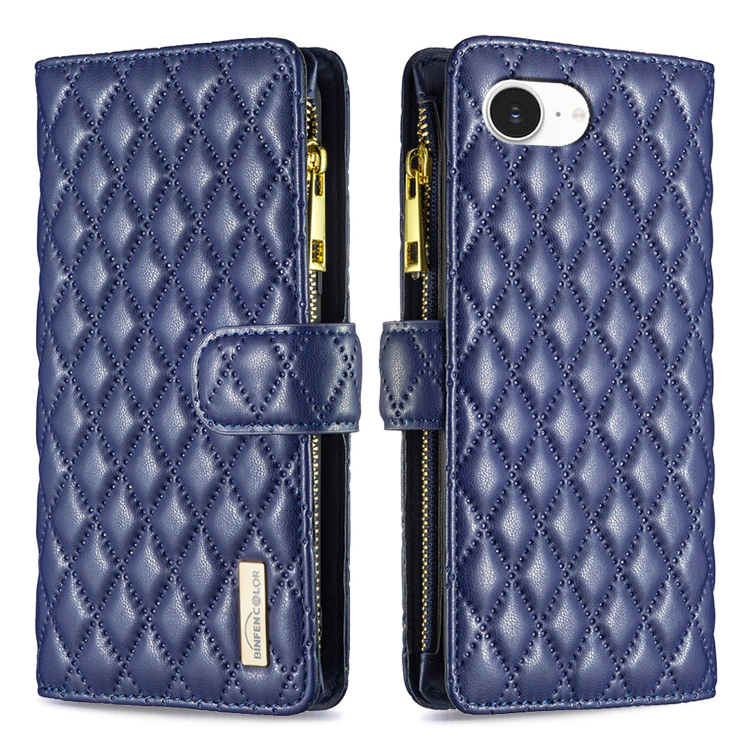 BINFEN COLOR for iPhone 16e / iPhone 17e BF Style-15 Leather Case Zipper Pocket Rhombus Phone Cover