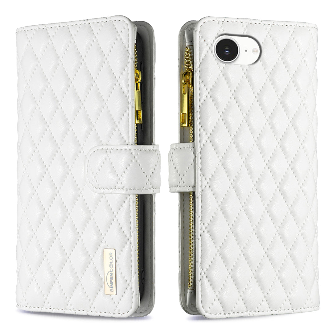 BINFEN COLOR for iPhone 16e / iPhone 17e BF Style-15 Leather Case Zipper Pocket Rhombus Phone Cover