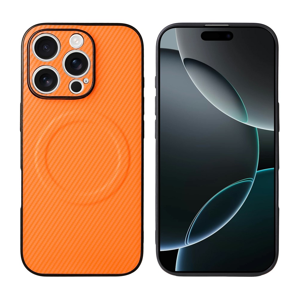 For iPhone 16 Pro Max Case Carbon Fiber Texture Leather Coated TPU PC Phone Cover with Metal Ring for Magnetic Car Mount