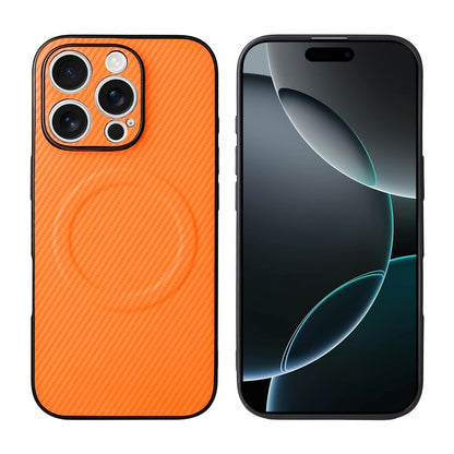 For iPhone 16 Pro Max Case Carbon Fiber Texture Leather Coated TPU PC Phone Cover with Metal Ring for Magnetic Car Mount
