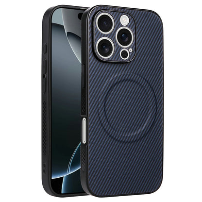 For iPhone 16 Pro Max Case Carbon Fiber Texture Leather Coated TPU PC Phone Cover with Metal Ring for Magnetic Car Mount