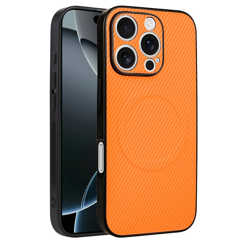For iPhone 16 Pro Case Carbon Fiber Texture Leather Coated TPU PC Phone Cover with Metal Ring for Magnetic Car Mount