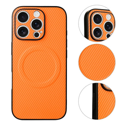 For iPhone 16 Pro Case Carbon Fiber Texture Leather Coated TPU PC Phone Cover with Metal Ring for Magnetic Car Mount