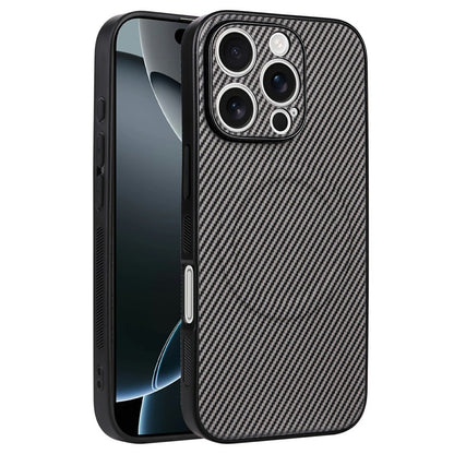 For iPhone 16 Pro Case Carbon Fiber Texture Leather Coated TPU PC Phone Cover with Metal Ring for Magnetic Car Mount