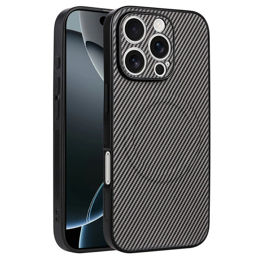 For iPhone 16 Pro Case Carbon Fiber Texture Leather Coated TPU PC Phone Cover with Metal Ring for Magnetic Car Mount