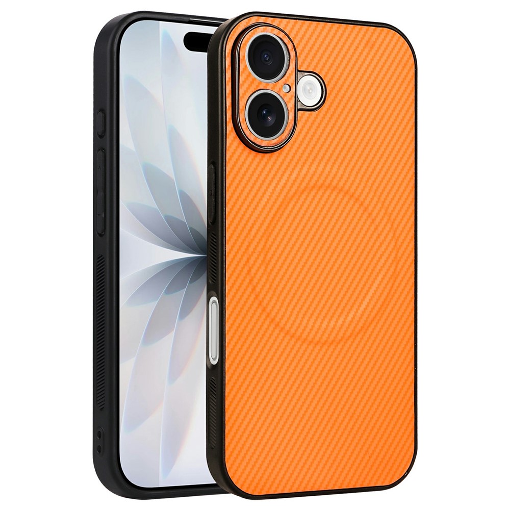 For iPhone 16 Case Carbon Fiber Texture Leather Coated TPU PC Phone Cover with Metal Ring for Magnetic Car Mount