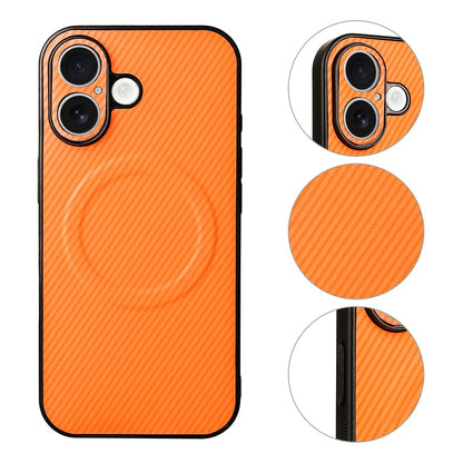 For iPhone 16 Case Carbon Fiber Texture Leather Coated TPU PC Phone Cover with Metal Ring for Magnetic Car Mount